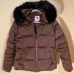 Women's Brown Puffer Jacket with Faux Fur Hood